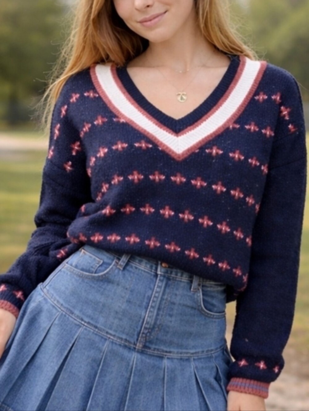Vintage ID Sport Cotton Preppy Navy & Pink  Oversized Sweater Long Sleeve Size S